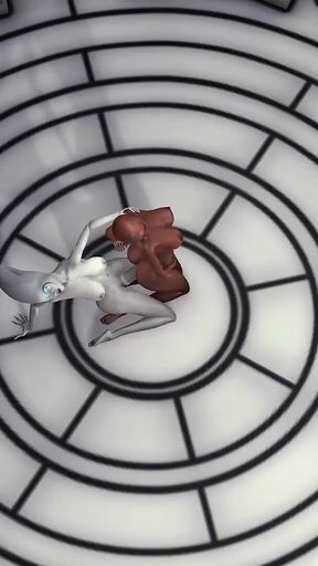 Sexy sci-fi female alien plays with a black girl in the space station