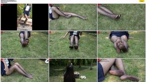 Tall and beautiful bank manager Manli shows off her long legs and beautiful feet in the park after get off work in a sexy suit, high heels and dark grey pantyhose