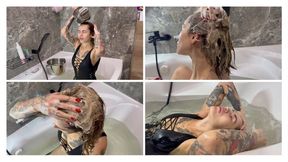 Alina is washing her hair