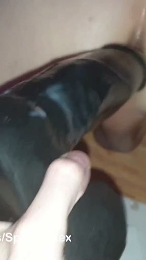 Big uncut cock leaking cum and pee while my ass is fucked by the huge Billy Bunter dildo on the fucking machine   Clip 1