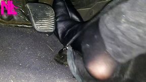 Hottest leather-booted babe pedals and unzips