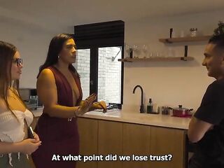 Homemade 3-some: The cuckolded wife catches her husband cheating with her neighbor, and they both end up fucking him and giving him a facial creampie by cumming in her mouth.