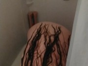 Milf naked in the shower gives a furious Pitbull a bath