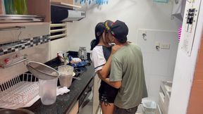 My stepsister is insecure about her sexuality, I make her horny and fuck her in the kitchen.