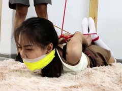 Chinese bondage - Hogtied &amp; gagged in boots