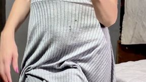 Redhead Mirror Smoking Tease – Short Gray Dress & Secret Strap Surprise