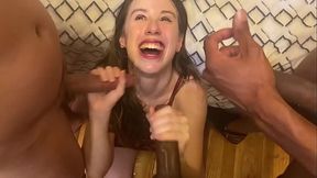 Petite cutie takes three dicks
