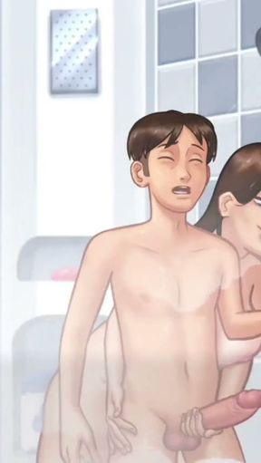 Debbie milks Anons huge cock in the shower - summertime saga gameplay   Clip 2