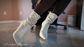 Come Under My Desk: Cream Suede Boots and Brown Opaque Tights