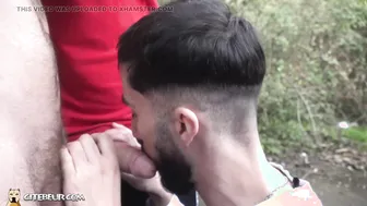 Arab twink sucks two big cocks in outdoor threesome