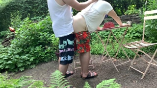 outdoor quickie - standing doggystyle in the garden