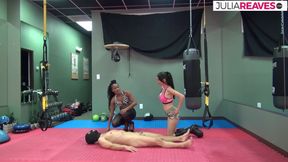Femdom and assistant tie up their slave in the sports hall