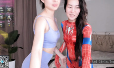 Asian teen cosplay lesbians play with toys on webcam