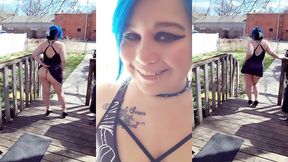 outdoor flashing goth girl in sundress