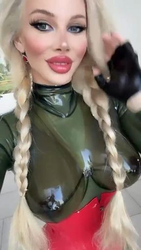 Slavena in transparent latex olive green catsuit