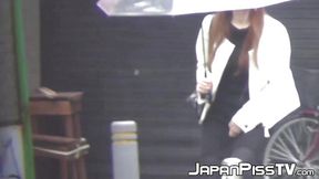 Japanese girls cant restrain themselves from peeing in the public toilet