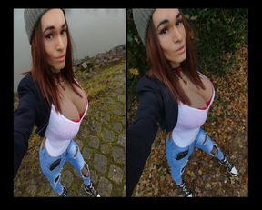 Hot crossdresser takes a rainy morning walk in December