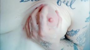 Soapy clit close-ups with FTM squeezing tits hard and shaving pussy