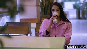 Butt-plugged brunette cutie oiled her ass before Intense Anal Training