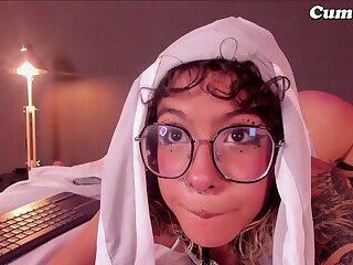 White Lingerie: Glasses, Tattoos, and Deep Dildo Play