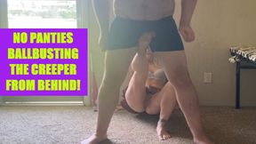 No Panties ballbusting! Kicking his balls from behind