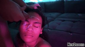 depositing semen on young black girls face, big facial