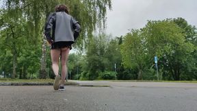 Having fun on a rainy day, risky cumshot, and flashing close to a busy walkway