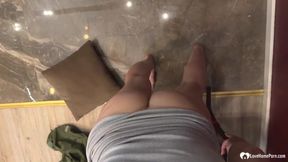 Brunette with Grey Headband Gives Sloppy Kitchen Blowjob