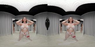 Watch this stunning brunette tease in white lingerie in VR, stripping and getting off!