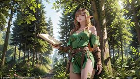 Green Elf in the Forest Secret! Kneeling gaze under dappled sunlight, a dreamy tease with fingertips touching her lips.