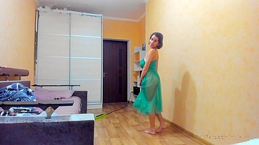 Hot me in green transparent dress!