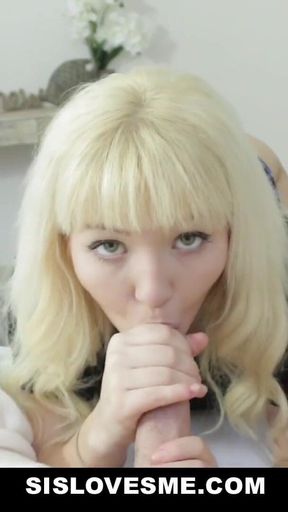 Hot blonde stepsis blows my big dick in bed