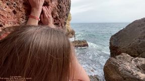 Amigo fucked the climber in the mouth and pussy right on the edge of the cliff
