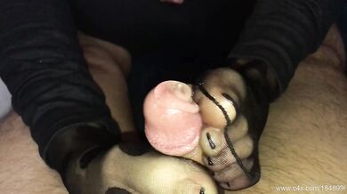 Late night nylon socks footjob cum filling