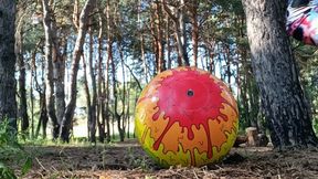 girl ride on shosu ball in forest