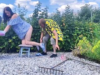 Wicked GF gets banged hard outdoors on a stool