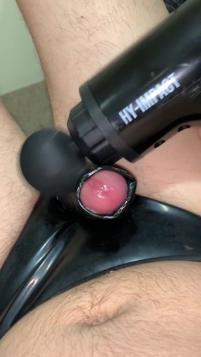 Latex Sheath Cumshot with a Massage Gun