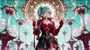 Green-haired Warrior in a Black-red Battle Robe, Commanding yet Shy on the Floating Terrace.