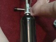 Fuck machine set to hyperdrive slurps my cock!