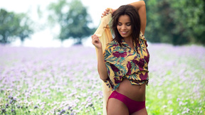 ”Booty petite Hungarian MILF flaunts tanned nude figure outdoors”