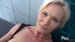 Hot MILF provokes a guy with short skirt and maid uniform