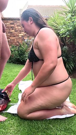 CHUBBY GIRL rewarding me with a BLOWJOB after putting sunscreen on her, CUM FACIAL   Clip 1