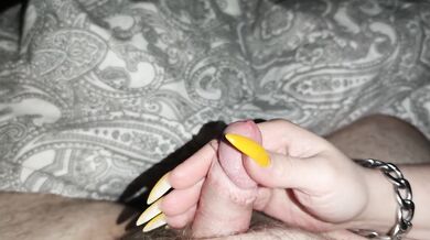Yellow nails pinching his tiny twitching dick until thick cumblasts