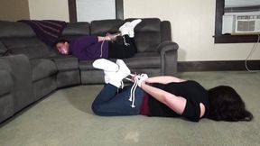 Hogtied and massively sock gagged