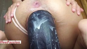Stretching my pussy with a huge black dildo and and four fingers orgasm