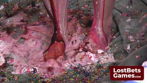 Four lesbians playing strip facial with messy food play