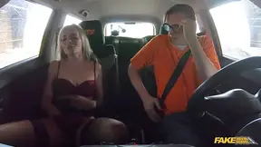 Blonde MILF gets a wet and messy blowjob in a fake driving school scenario