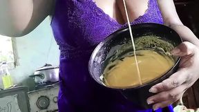 Chubby MILF makes homemade cake and shows off big ass