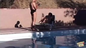 Four-way sex pool party ends with assfucked buttplay, sloppy blowjob, and cumshot finale