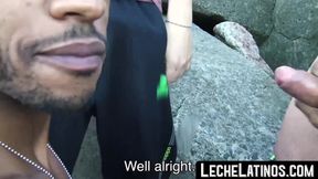 Young black jock sucks and tastes cum in a hot outdoor threesome